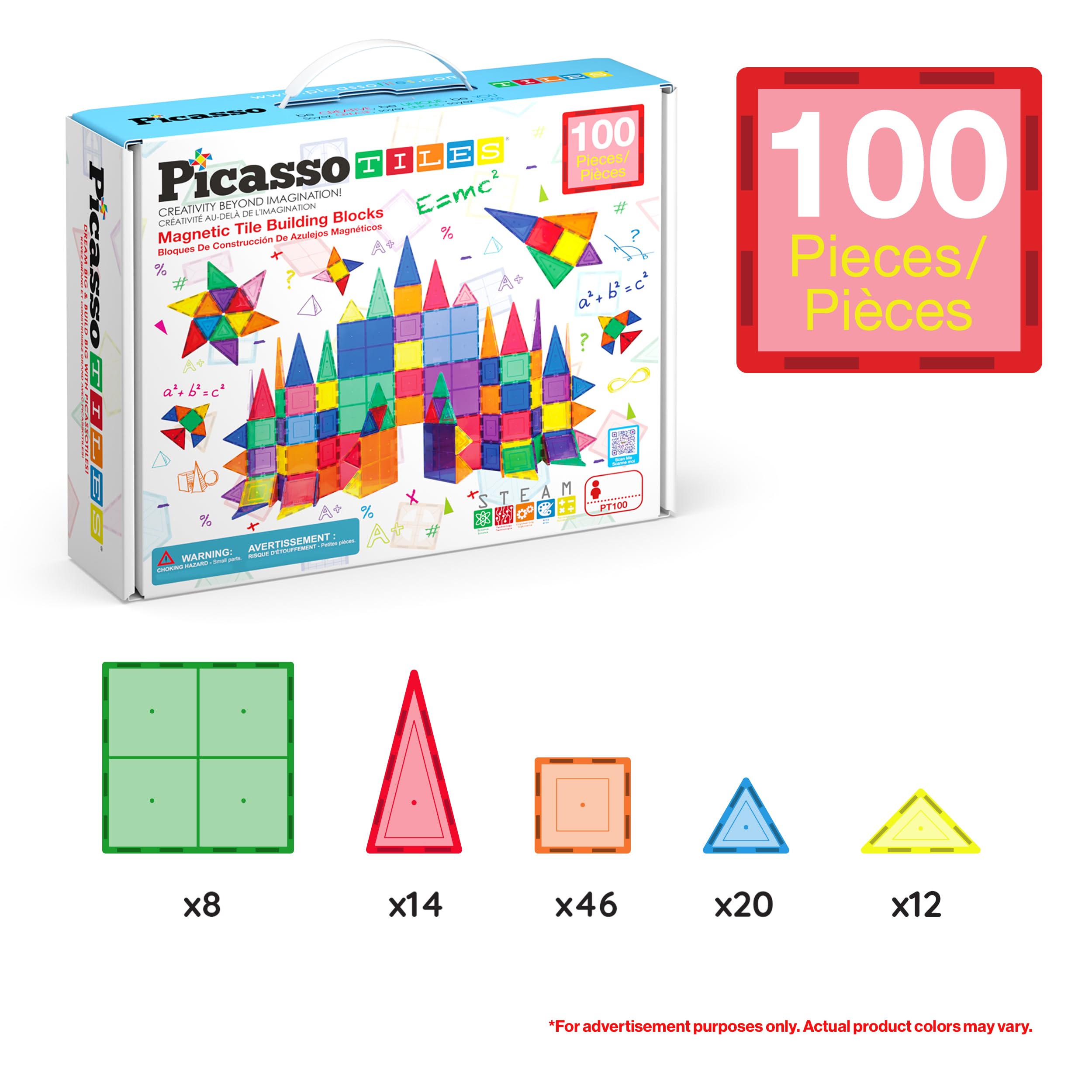 PicassoTiles 100 Piece Set 100pcs Magnet Building Tiles Clear Magnetic 3D Blocks Construction Playboards, Creativity Beyond Imagination, Inspirational, Recreational, Educational Conventional