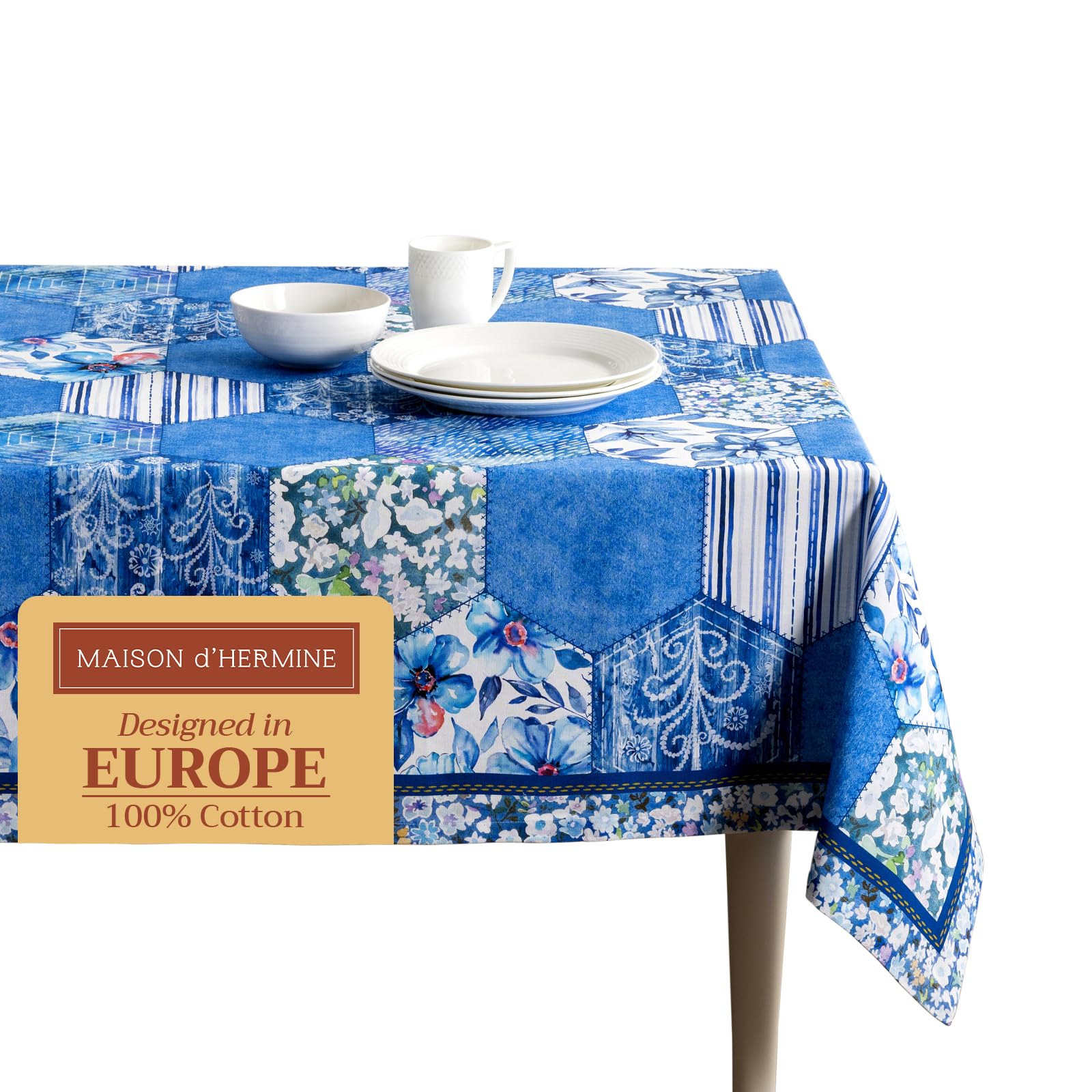 Maison d' Hermine Table Cloth Rectangle Table 100% Cotton 180 cm x 140 cm Tablecloth Reusable Everyday Use for Dining Farmhouse Home Party Festive Gifts for Mothers Day (Summer Blues)