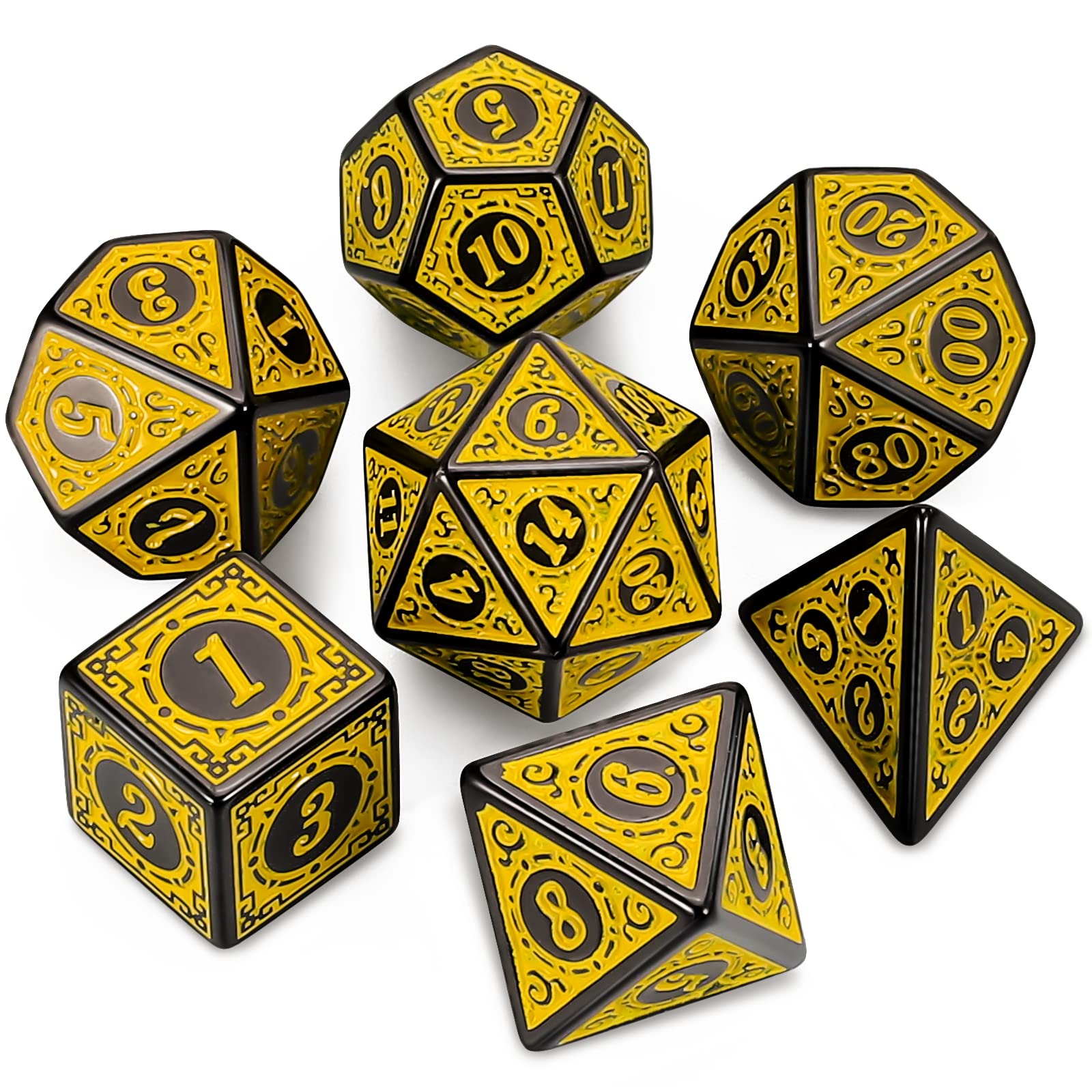 QMAY DND Dice Polyhedral Dice Set - 7 Pieces for Dungeon and Dragons MTG RPG D&D D20, D12, D10, D%, D8, D6, D4 (Yellow Engraving) — image 1