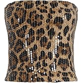 SportsWell Womens Sequin Cheetah Print Top Leopard Sleeveless Y2k Crop Tube Tops with Zipper Bodycon