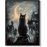 Gothic Halloween Spooky Black Cat Framed Canvas Wall Art, 12x16 inch Witchy Haunted Houses and Moon Painting Print, Dark Night Halloween Artwork Witchcore Holiday Home Entryway Decor