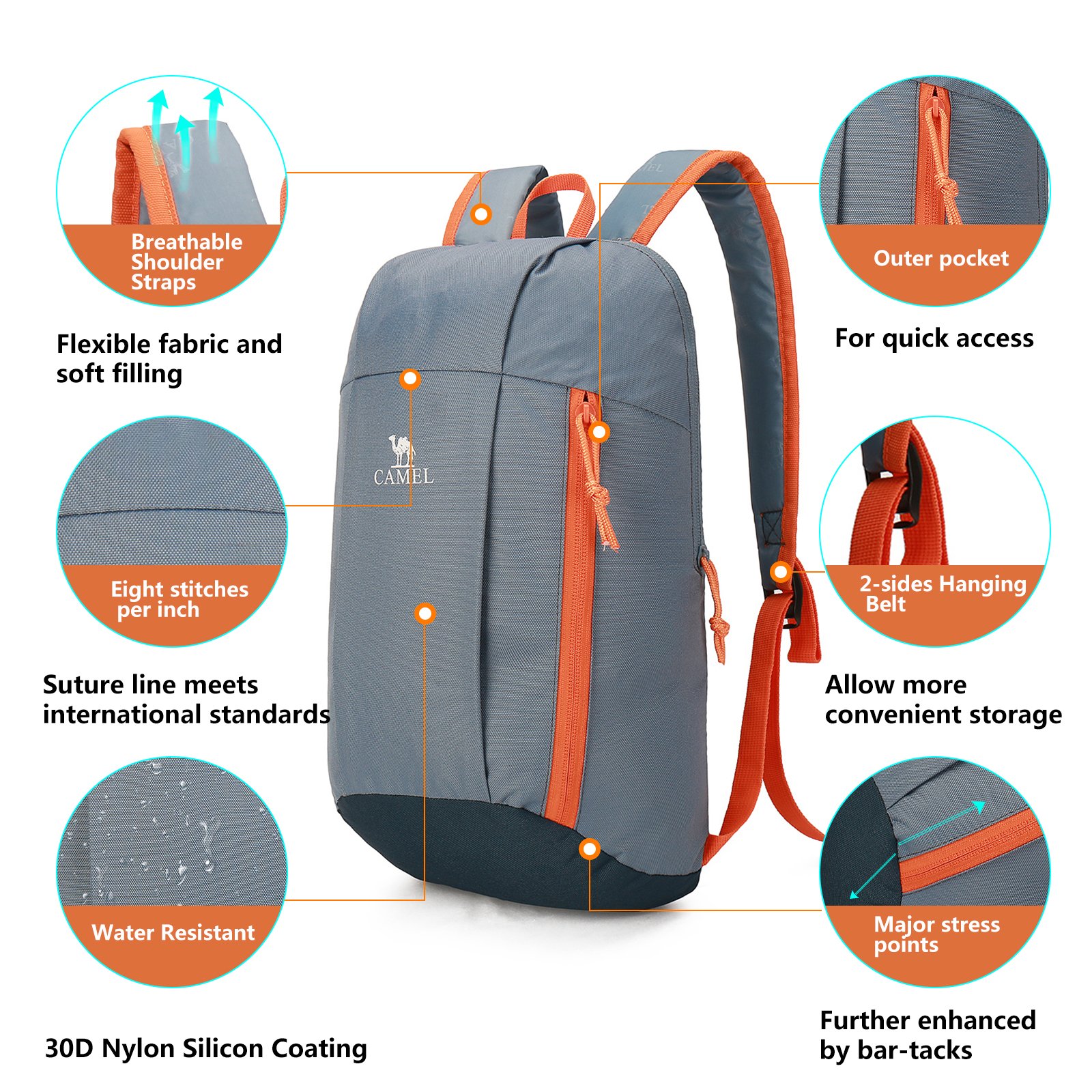 Camel 10L Lightweight Travel Backpack Outdoor Mountaineering Hiking Daypack with Durable & Waterproof (Dark Blue)