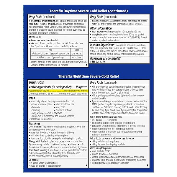 THERAFLU COMBO DAYTIME AND NIGHTTIME SEVERE COLD RELIEF POWDER, HONEY LEMON FLAVOR, 12 COUNT, 6 DAYTIME + 6 NIGHTTIME