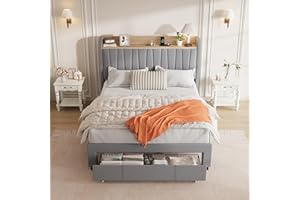 Queen Size Bed Frame with Upholstered Headboard, Built-in Charging Station and Storage Drawer, Heavy Duty Metal Platform Base