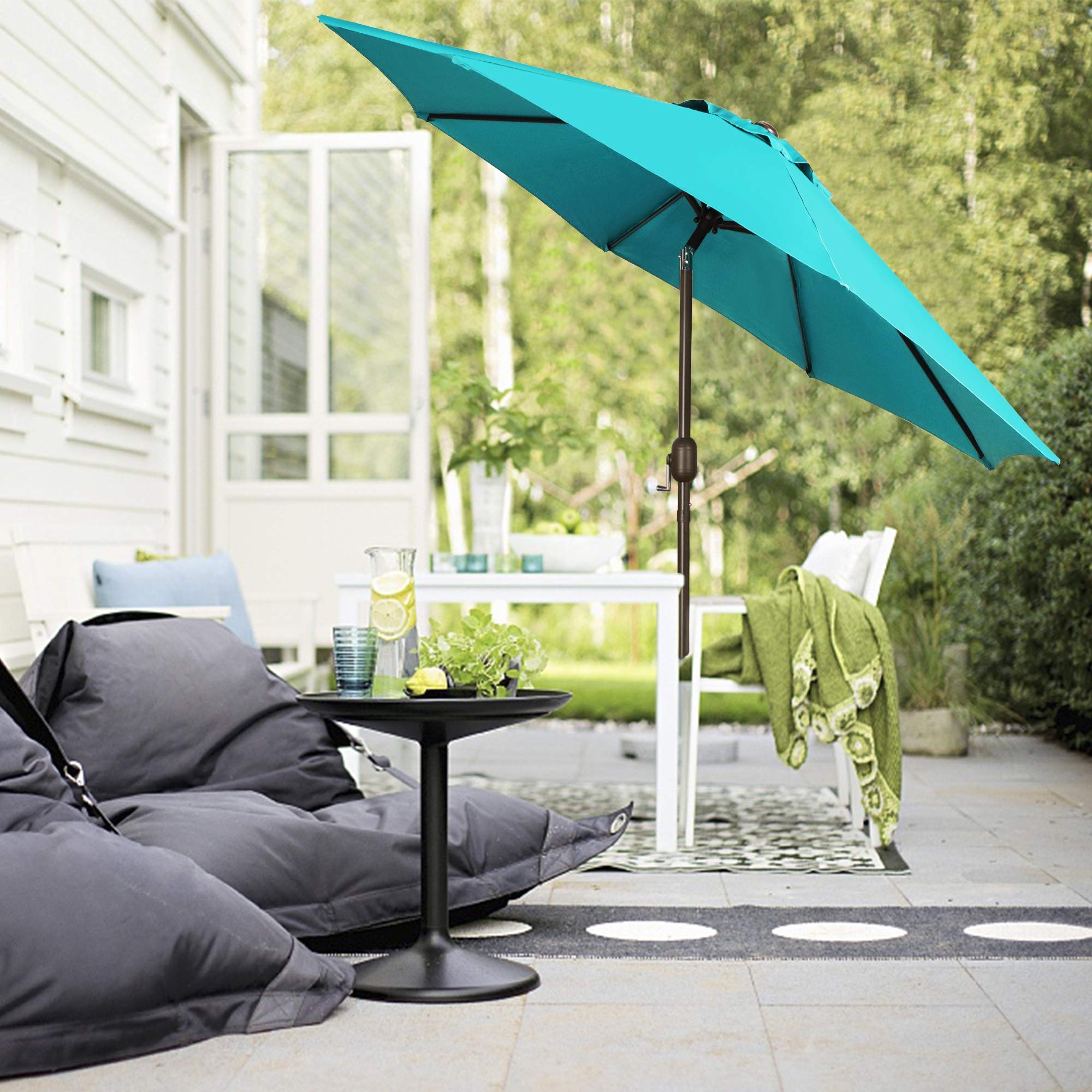 Blissun 9' Outdoor Aluminum Patio Umbrella, Market Striped Umbrella with Push Button Tilt and Crank (Cerulean)