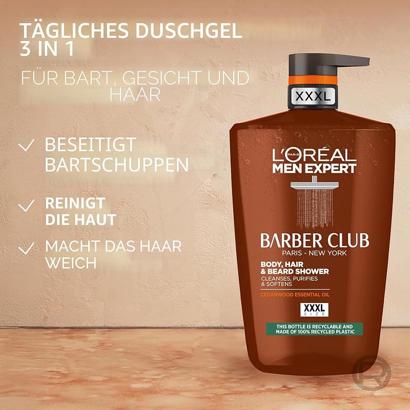 L'Oréal Men Expert Duschgel Barber Club formuliert mit Zedernholzöl für Reinigung, Nährung und Feuchtigkeit für Bart, Haut und Haare