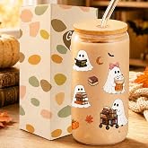 Lamyba Halloween Glass Cups with Lid &amp; Straw, Boo Basket Stuffers for Book Lover Gifts for Women Adults Teens, 16oz Ghost Glass Cup