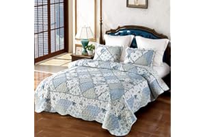 VIVILINEN Blue Floral Patchwork Quilt Set, Full Queen Size, 3 Piece Bedding Set with 2 Pillowcases