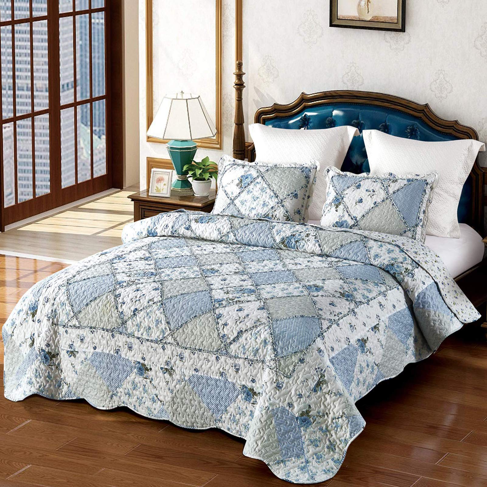 Photo 1 of VIVILINEN Blue Floral Patchwork Quilt Set, Full Queen Size, 3 Piece Bedding Set with 2 Pillowcases