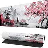 Retro Cherry Blossoms Mouse Pad 31.5x11.8 Inch White Full Desk Japanese Mousepad Extended Large Non-Slip Rubber Base Waterproof Big Keyboard Mat with Stitched Edges for Gaming and Office