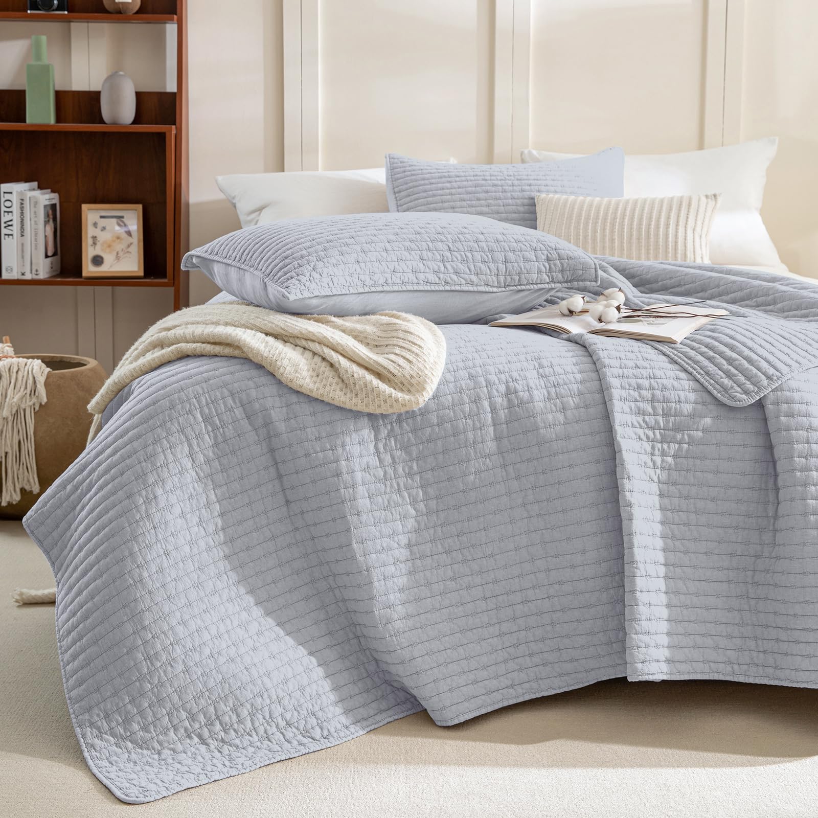 Photo 1 of **USED, DIRTY** Sanracie Stonewashed Oversized King Quilt(120"x120"), Cotton Cornflower Blue Cross Stitch Pattern California King Quilt Soft Lightweight Crinkle Bed Coverlet for All Season