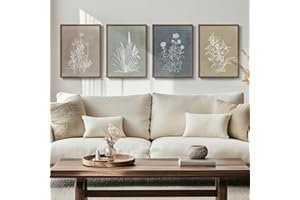 CUSPIN Framed Boho Botanical Wall Art for Living Room, 4 Piece Rustic Floral Canvas Painting Prints, Vintage Minimalist Neutral Flower Artwork for Modern Farmhouse Bedroom Dining Room Office Wall Decor
