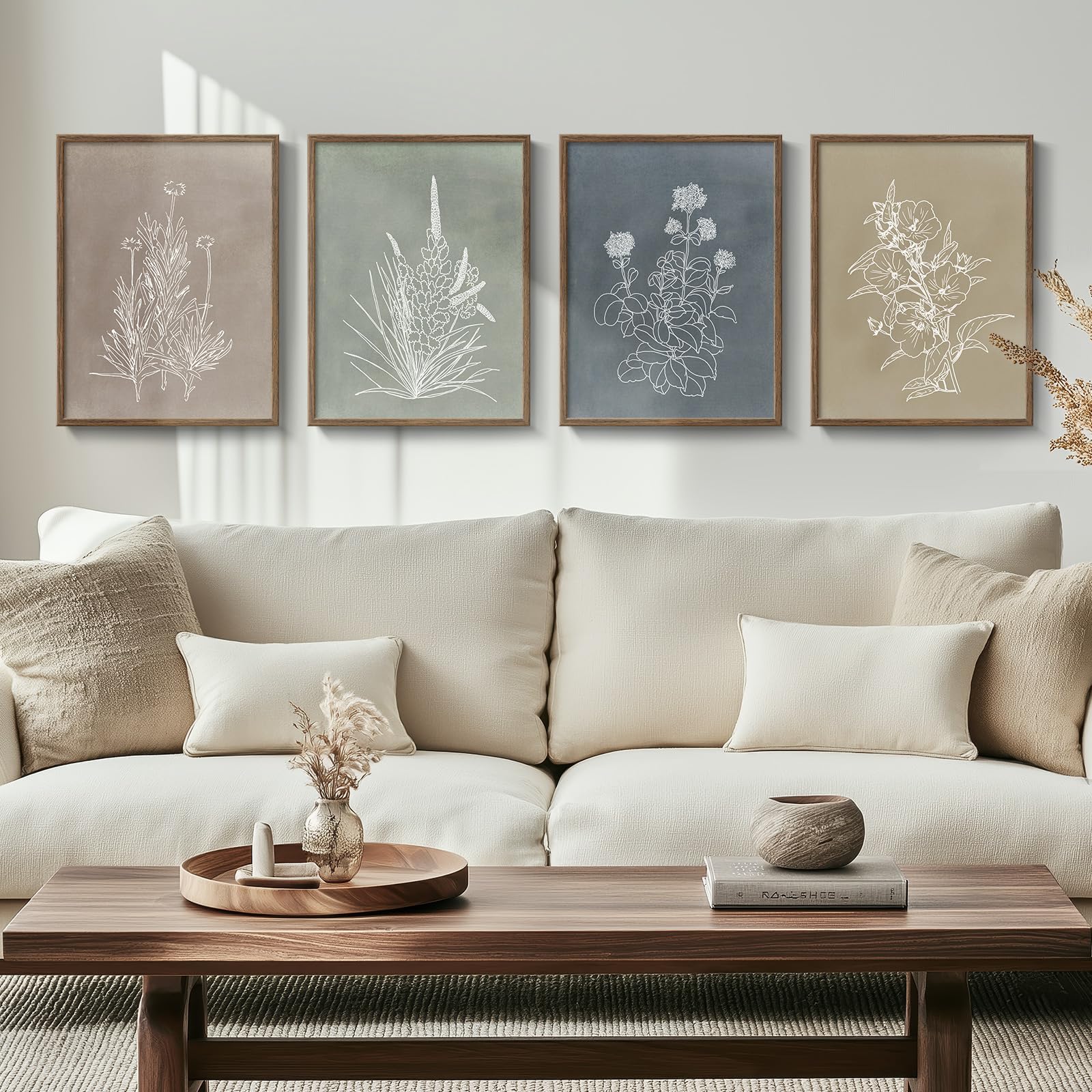 Photo 1 of Framed Boho Botanical Wall Art for Living Room, 4 Piece Rustic Floral Canvas Painting Prints, Vintage Minimalist Neutral Flower Artwork for Modern Farmhouse Bedroom Dining Room Office Wall Decor