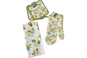 LUNCH MONEY Summer Spring Lemons Kitchen Linen Set - Includes 2 Lemon Pot Holders, 1 Lemon Oven Mitt, and 1 Lemon Kitchen Towel