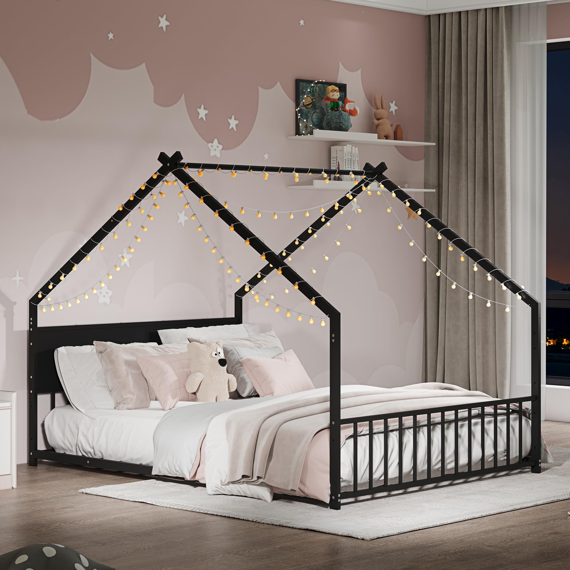 Bellemave Full Size House Floor Bed For Kids, Wooden Montessori Full Bed With Fence Railings And Support Slats No Box Spring Needed Natural