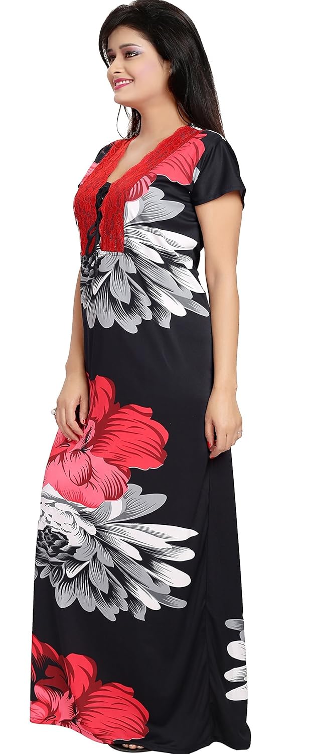 noty women's satin nighty floral print (red-black),free size