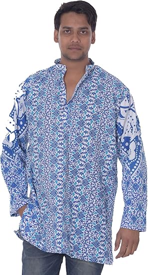 Amazon インド綿100 メンズクルタシャツチュニックゆったりフィットプラスサイズ花柄ブルー色 Us サイズ L カラー ブルー シャツ 通販