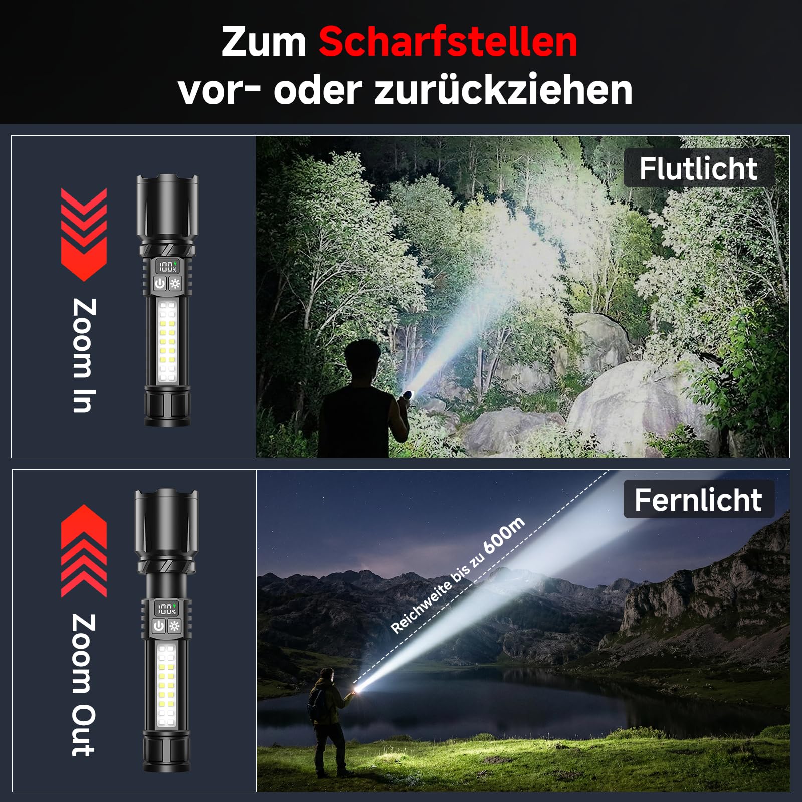 Shadowhawk 2 Stück Taschenlampe LED Aufladbar mit COB Seitenlicht | Leichtgewicht & Eingebauter Akku – Taktische Taschenlampen mit 2 Schaltern & Ein-Knopf Ein/Aus, 7 Modi für Camping/Wandern/Notfall 6