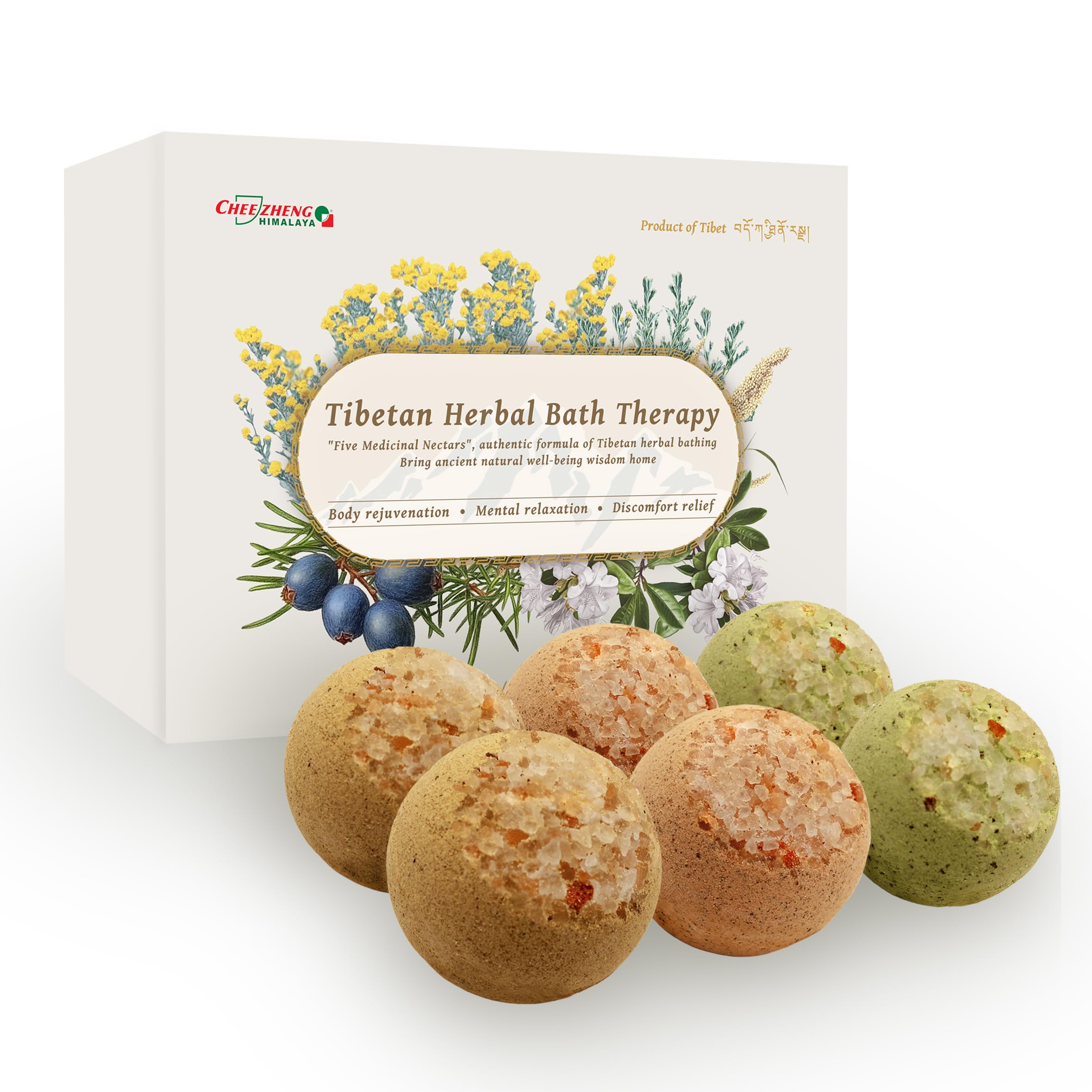 Photo 1 of ***FACTORY SEALED***CheezhengHimalaya Tibetan Herbal Bath Therapy. Bath Bomb Gift Set, Tibetan Herbal Formula, Five Medicinal Nectars, Relaxing, Revitalizing, Essential Oils, Nourishing The Skin, Pack of 6