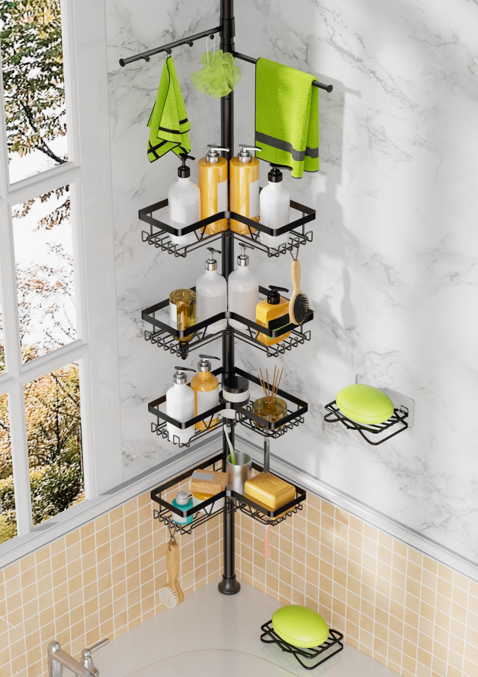 DAOYA Shower Caddy Tension Pole, 4 Adjustable Corner Shower Caddy with 2 Towel Bars & 2 Soap Holders, Expands 25 to 114.2 Inches, Black Stainless Steel for bathroom/Tub/Corner