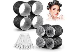 SHYNEK Self Grip Hair Rollers Curlers 16 Pcs Set with 8Pcs Hair Rollers 2 Sizes (4 Jumbo & 4 Large) and 8 Pcs Hair Clips for Long Medium Short Thick Fine Thin Hair Volume (Black)