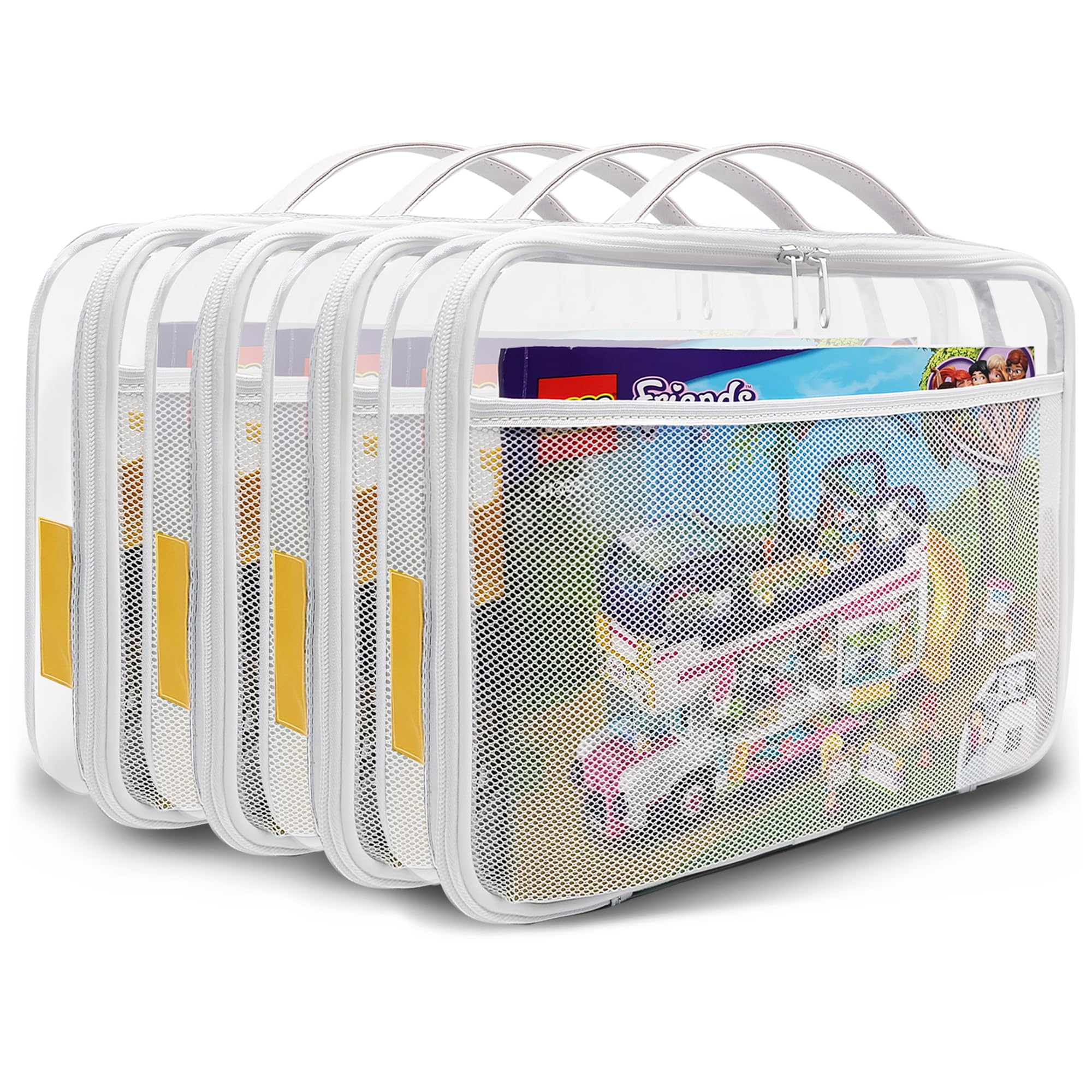 holay 4 Packs PVC Zippered Blocks Set, Toy, Clay, Board game Storage Organizer Case Bag(Name Tag, Manual Pocket) (White, Large)