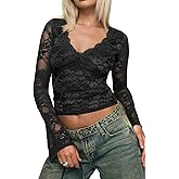 INFITTY Women's Lace Bell Sleeve Crop Tops V-Neck Long Sleeve Shirts Double Lined Slim Fit Blouses Outfits
