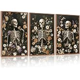 LHIUEM 16”X24”X3-Large Halloween Skeleton Canvas Wall Art Vintage Botanical Art Prints Skull Flowers Pictures Halloween Moody Dark Skull Framed Wall Decor Romantic Rose Spooky Artworks for home office