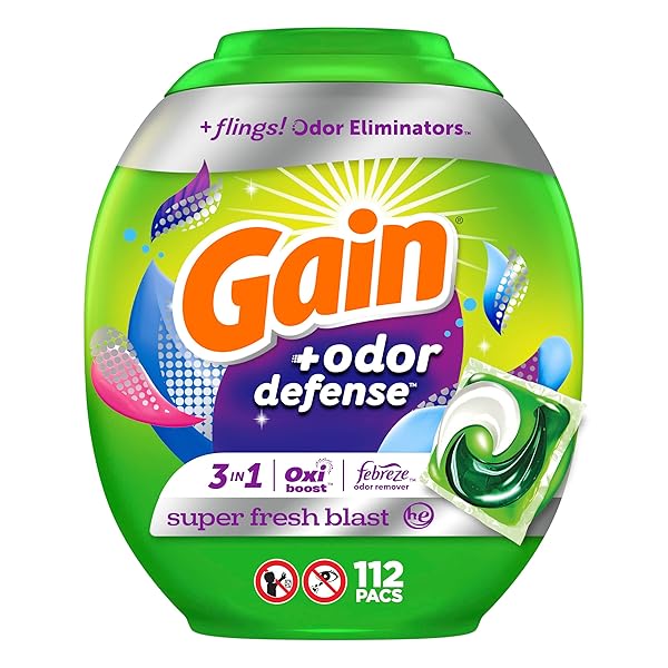 GAIN FLINGS LAUNDRY DETERGENT PACS WITH ODOR DEFENSE, 112 COUNT, SUPER FRESH BLAST SCENT, HE 3IN1 WITH FEBREZE AND OXI