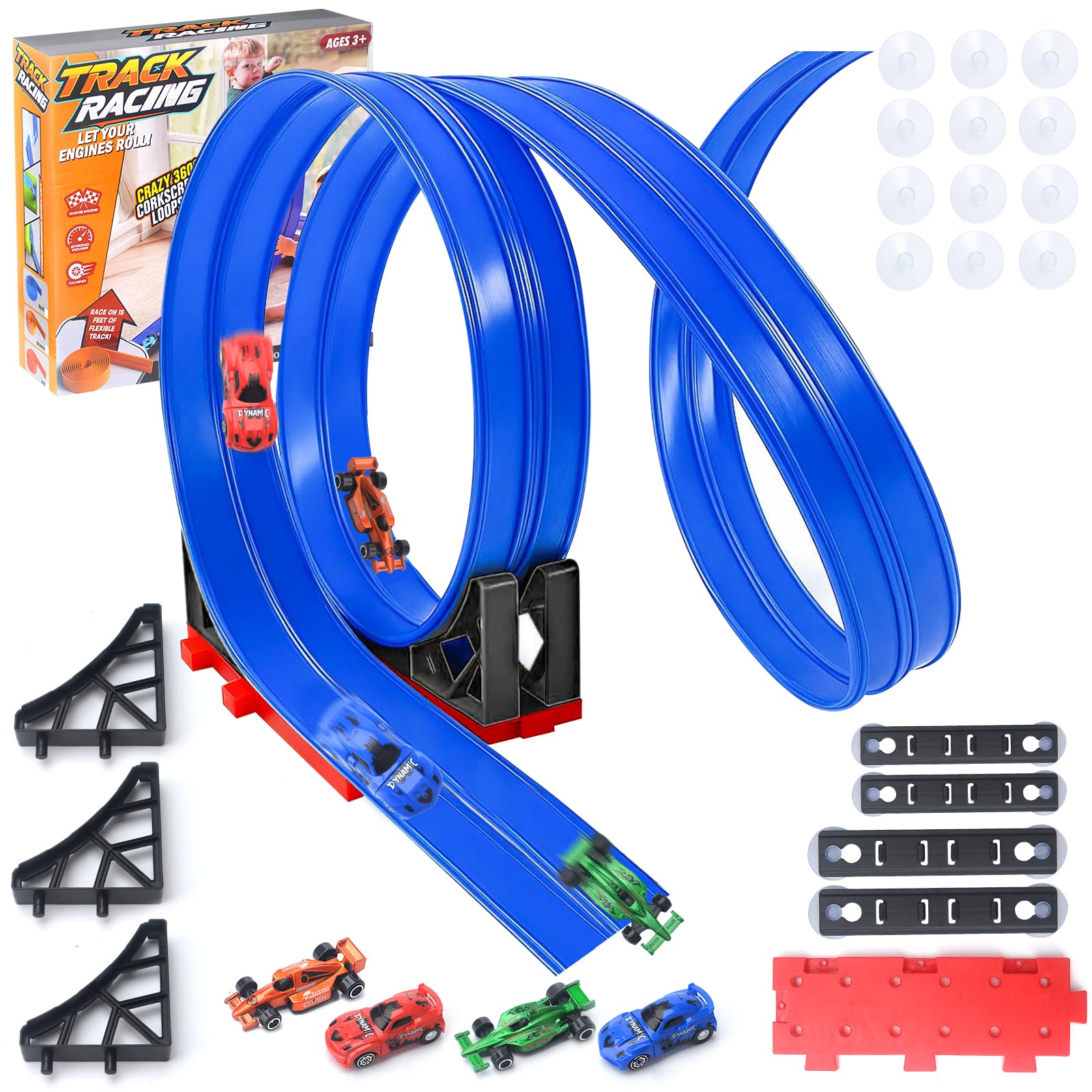 4M Race Car Track,Flexible Race Track for Toy Cars for Kids, Speed Race Track Car Ramp Tracks Toy with 4 Alloy Cars,Christmas Birthday Gifts for Boys Girls,Intellectual