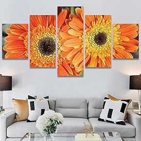 SIGNWIN 5 Panel Canvas Wall Art Orange Floral...