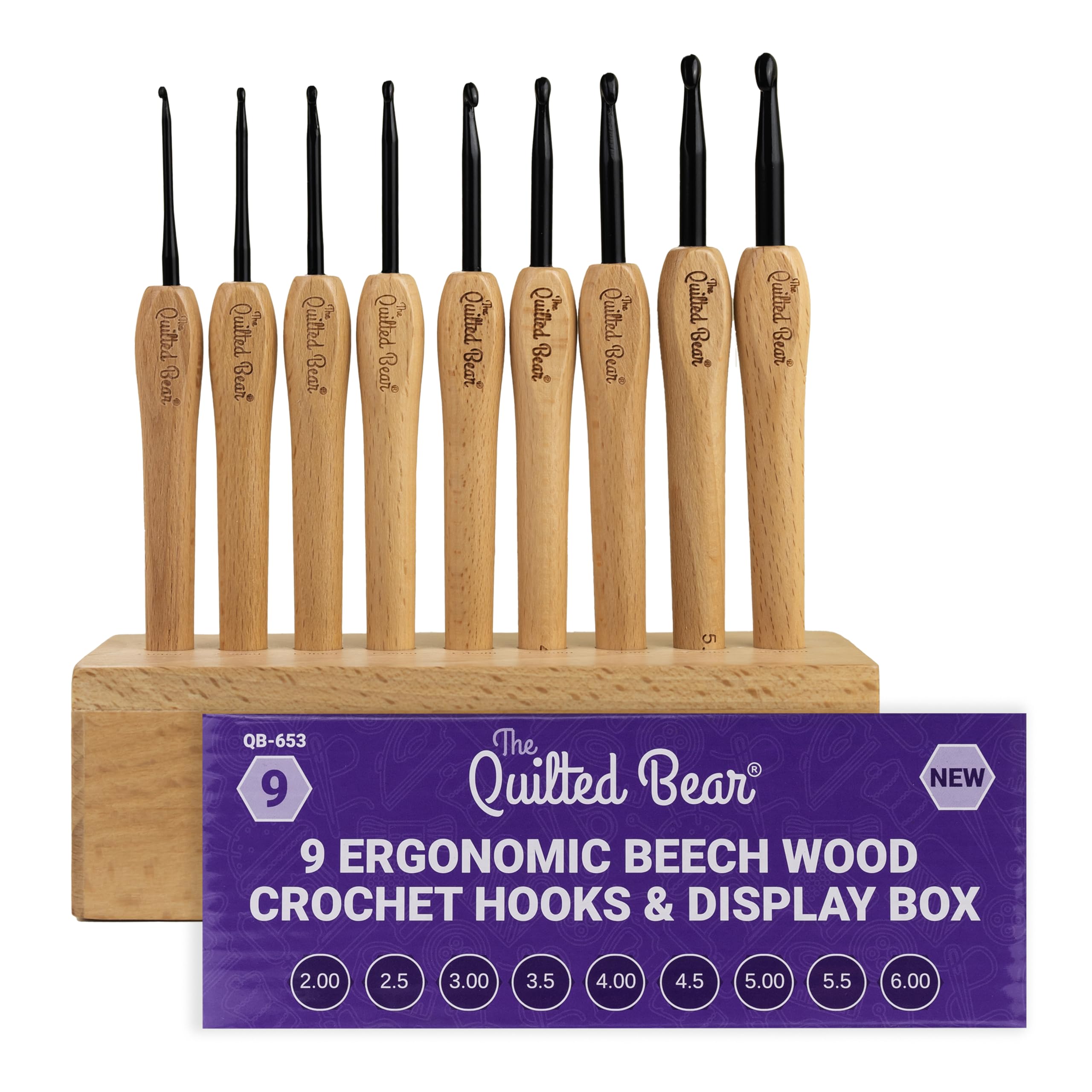 The Quilted Bear Beech Wood Crochet Hooks Set with Box – Set of 9 Ergonomic Crochet Hooks with Stylish Beech Wood Handles & Durable Steel Hook Heads (Wooden Display Box Included)