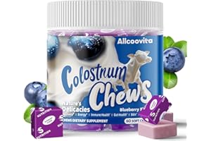 ALLCOOVITA Bovine Colostrum Chews Supplement with probiotics for Gut Health, Bloating, Immune Support, Skin, Hair Growth and Beauty - Blueberry Flavor (60 Servings)