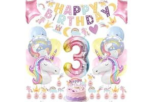 WORTHUG Unicorn 3rd Birthday Party Decorations Supplies for Girls, Includes Banner, Balloons, Cake & Cupcake Toppers for Pastel Unicorn 3 Year Old Birthday Party Decorations