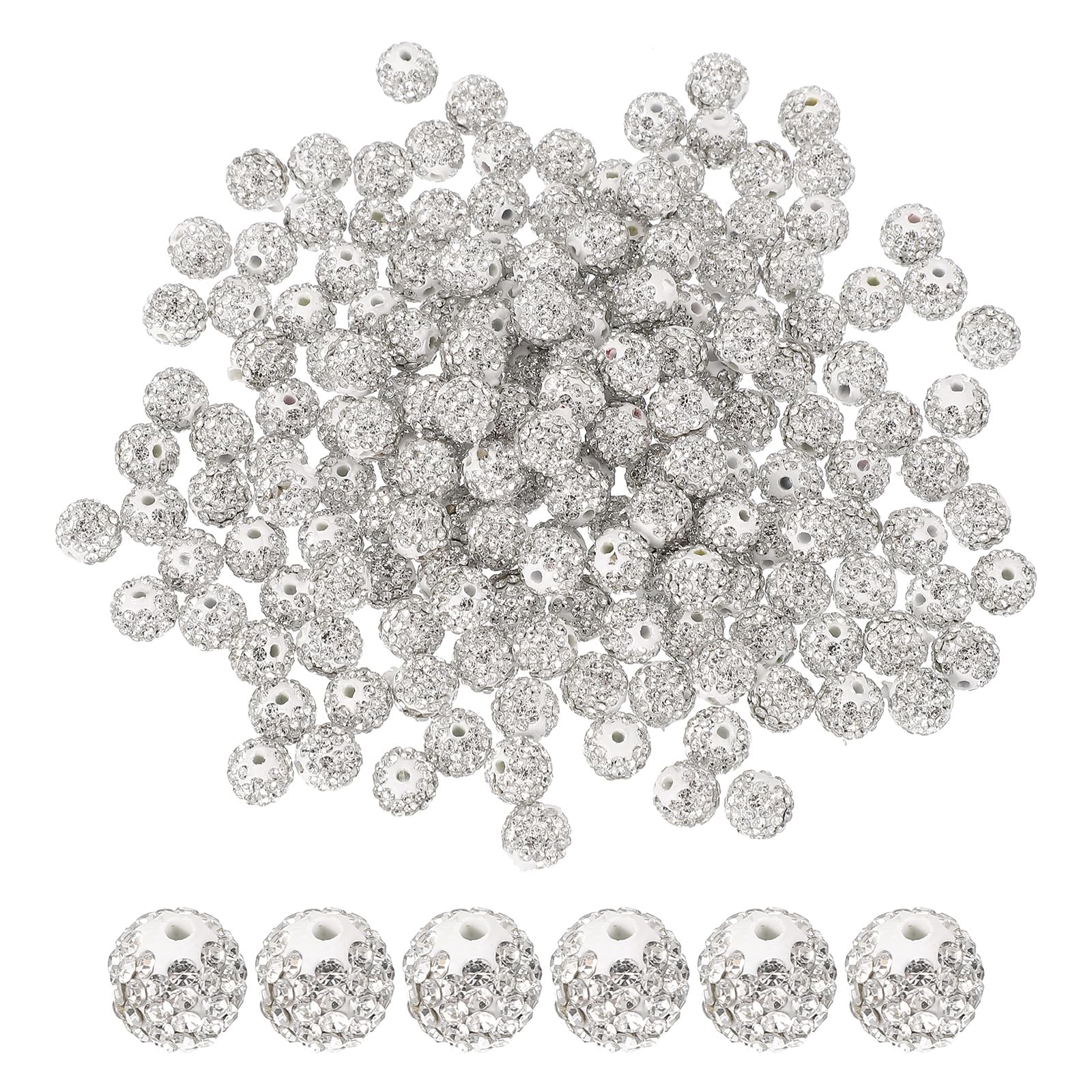 PATIKIL 200 Pcs Rhinestone Beads for Jewelry Making, 10mm Shiny Round Disco Ball Bead Sparkle Crystal Clay Beads with Hole for Bracelet Necklace DIY Crafting, White