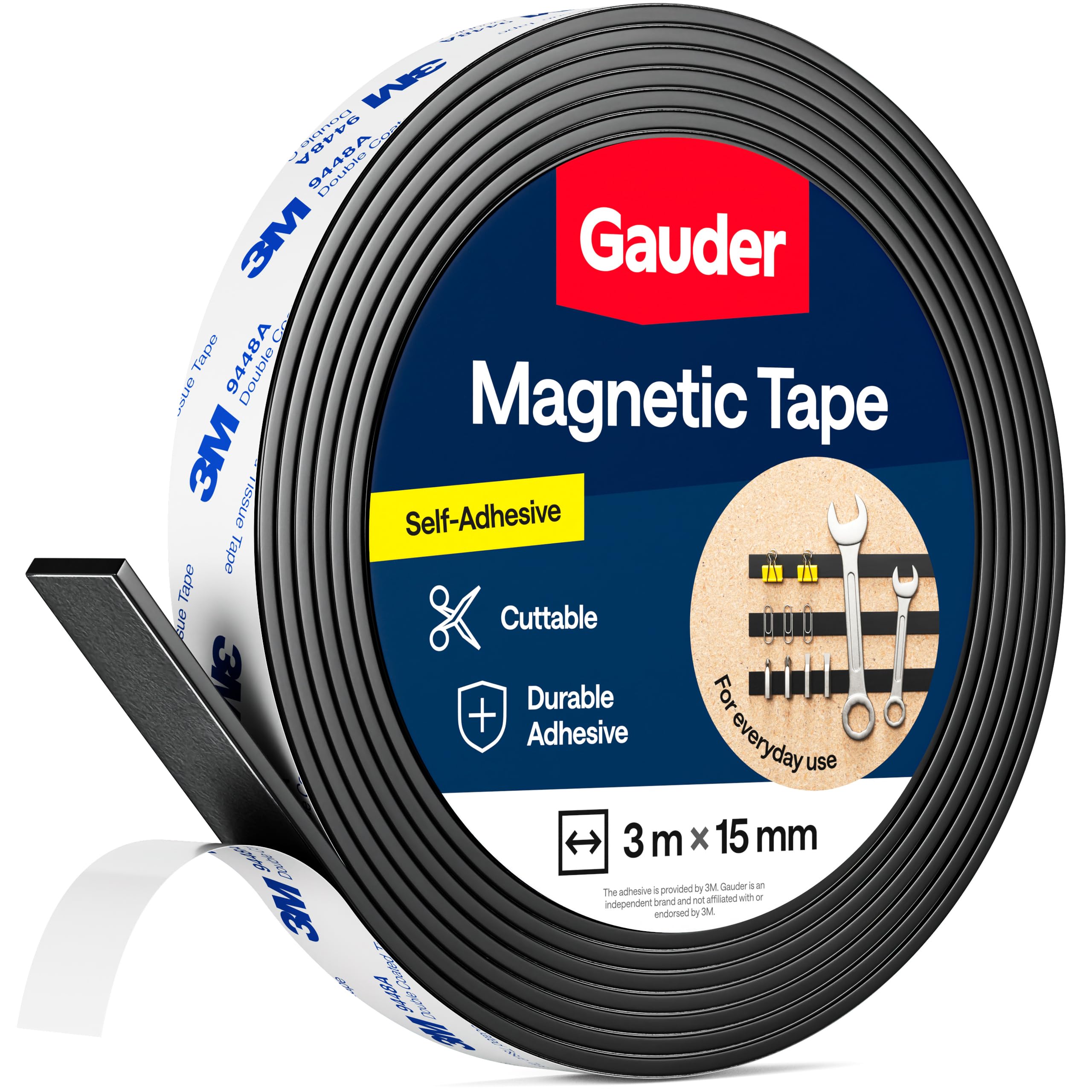 GAUDER Magnetic Tape with 3M Adhesive - Strong Self-Adhesive Magnet Strip - Cuttable Magnetic Tape Roll with Reliable Attraction & 3M Backing (3 m x 15 mm)