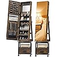 coucheta 360° Swivel Mirrored Jewelry Cabinet, Full Length Mirror with Jewelry Storage and Floor Standing Lock, Built in Makeup Mirror, Large Storage Capacity with Drawer, Rear Storage Shelves (Brown)