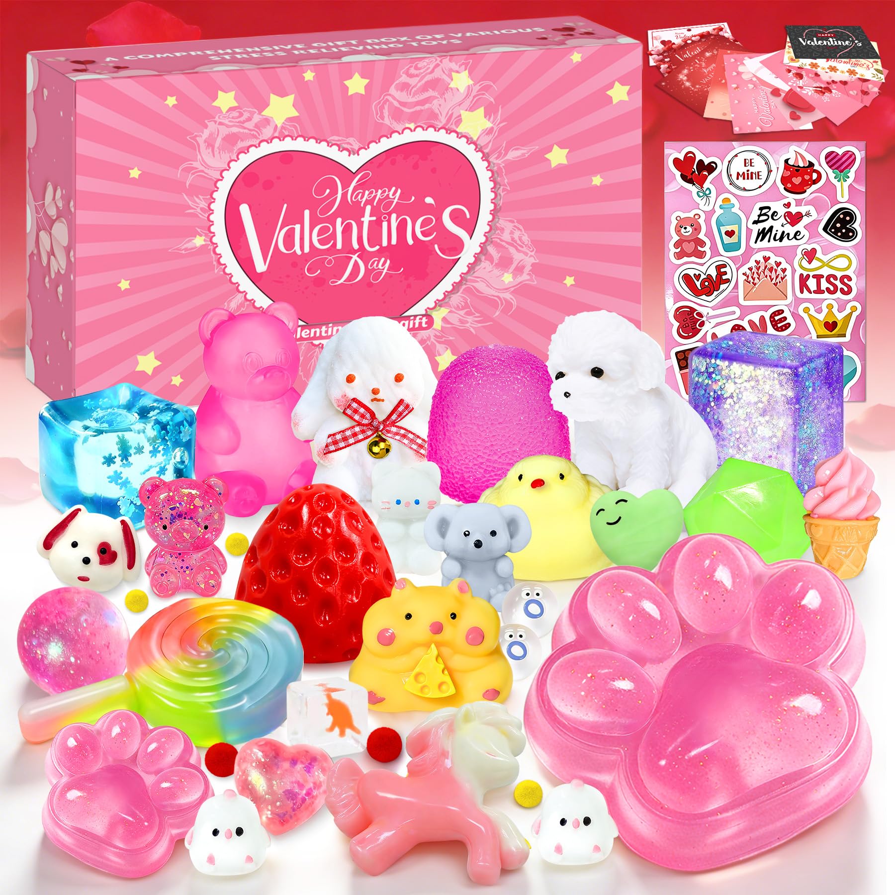 Valentines Day Gifts,29 Pack Taba Squishy Kit with Valentine Box,Taba Squishies Party Favors for 4-8 8-12 and Adults,Stress Relief Toys Valentines Cards Day Gifts&Stickers,Valentines Day Gifts for Him