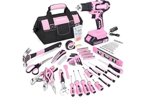 FASTPRO 232-Piece 20V Pink Cordless Lithium-ion Drill Driver and Home Tool Set, Lady's Repairing Kit with 12-Inch Wide Mouth Open Storage Bag