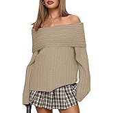 COCCKO Womens Off The Shoulder Sweater Top Long Sleeve Fall Batwing Boat Neck Knit Sexy Casual Pullover