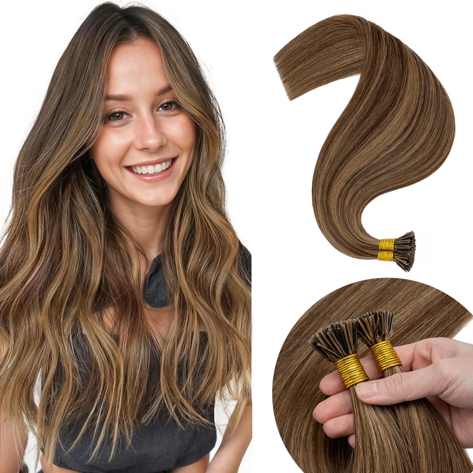 Elailite I Tip Hair Extensions 100 Strands Pre Bonded Stick Tip Keratin Real Remy Human Hair Extension Straight - #4/27 Medium Brown Mix Dark Blonde - 16 inches — image 1