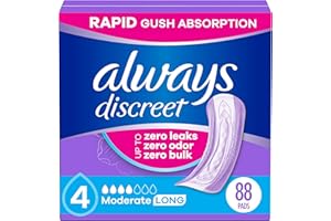 Always Discreet Adult Incontinence Pads for Women, Moderate Absorbency, Long Length, Postpartum Pads, Up to 100% Bladder Leak