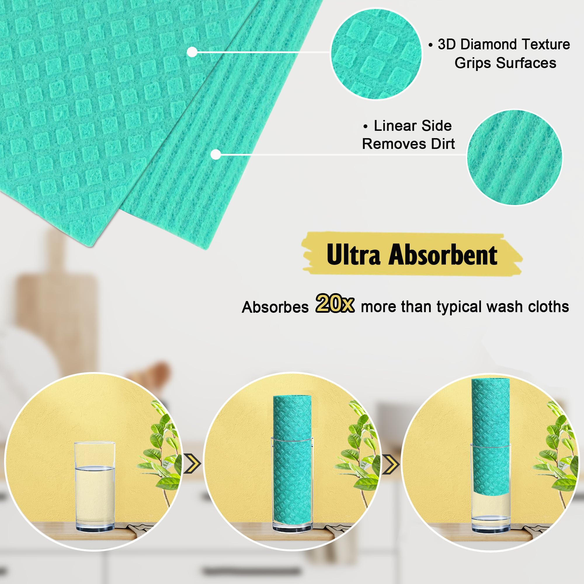 Swedish Dish Cloths - 10 Pack Reusable Kitchen Dishcloths - Ultra Absorbent Dish Towels for Washing Dishes - Cellulose Sponge Cloth Cleaning Rag - Assorted