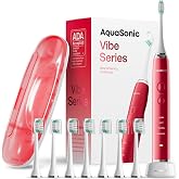 Aquasonic Vibe Series Ultra-Whitening Toothbrush &ndash; ADA Accepted Electric Toothbrush - 8 Brush Heads &amp; Travel Case &ndash; 40,000 VPM Motor &amp; Wireless Charging - 4 Modes w Smart Timer &ndash; Ruby