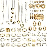 52 Pcs Gold Jewelry Set for Women, 14K Gold Plated Multi-Layer Necklaces, Stackable Bracelets, Knuckle Rings & Hoop Earrings, Trendy Elegant Charms for Anniversary, Birthday, Valentine’s Day Gifts