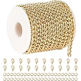 UMAOKANG 33 Feet Gold Plated Curb Chain for Jewelry Making Aluminum Necklace Chains Bulk Twisted Curb Link Chain Roll with Jump Rings and Lobster Clasps