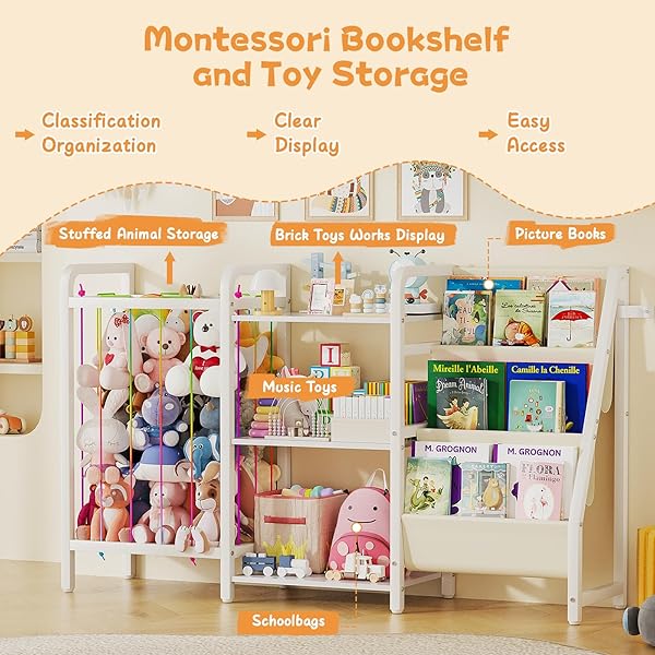 CYXPHION B1 KIDS BOOKSHELF AND TOY STORAGE, 3-TIER BOOK SHELF FOR KIDS ROOMS, SLING BABY BOOKCASE WITH STUFFED ANIMAL STORAGE, MONTESSORI TODDLER BOOKSHELF FOR NURSERY, BEDROOM, PLAYROOM, WHITE