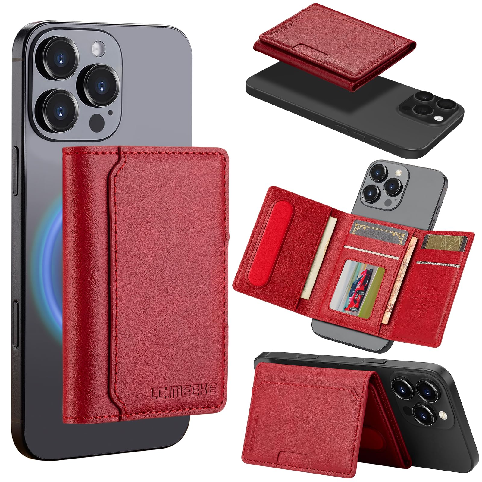 Photo 1 of HAII for MagSafe Card Wallet Bag compatible with MagSafe Invisible Ultra-Thin Lightweight Kickstand Magnetic Mobile Wallet Man Woman, 8 Card Slots. (Red, Horizontal Folding)