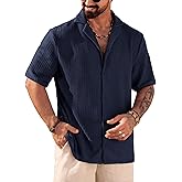 Herberton Men Summer Beach Shirts Stylish Hollow Out Button Down Shirt Casual Cuban Top (S-XXL)
