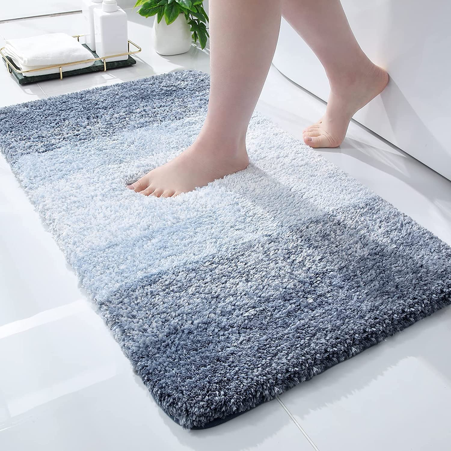 smiry Microfiber Bath Mat, 40 x 60 cm, Non-Slip Super Absorbent Bathroom Mat, Extra Soft Thick Floor Foot Mat, Fluffy Shaggy Bath Mats Rugs for Bathroom, Blue